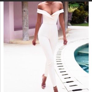 Bella light blush off shoulder jumpsuit HouseOfCB